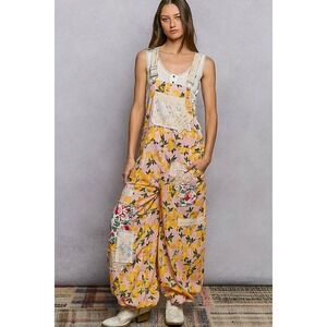 POL Pink Lemon Print Patchwork Lace Overalls Wide Leg Cotton Jumpsuit Boho L